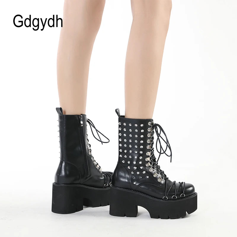 Gdgydh Handmade Women Motorcycle Punk Boots Mori Girl Lady Lolita Boots Woman High Top Boots Platform Fahion Rivets Goth Dark