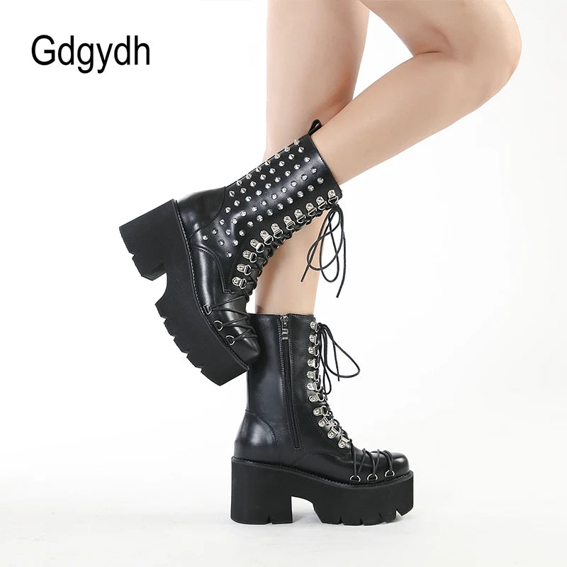 Gdgydh Handmade Women Motorcycle Punk Boots Mori Girl Lady Lolita Boots Woman High Top Boots Platform Fahion Rivets Goth Dark