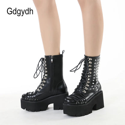 Gdgydh Handmade Women Motorcycle Punk Boots Mori Girl Lady Lolita Boots Woman High Top Boots Platform Fahion Rivets Goth Dark