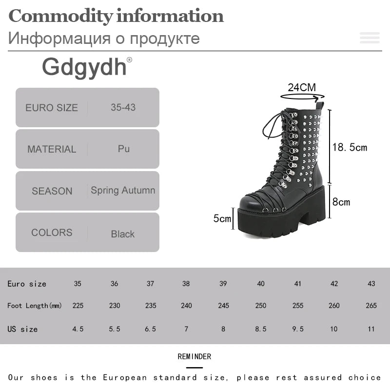 Gdgydh Handmade Women Motorcycle Punk Boots Mori Girl Lady Lolita Boots Woman High Top Boots Platform Fahion Rivets Goth Dark