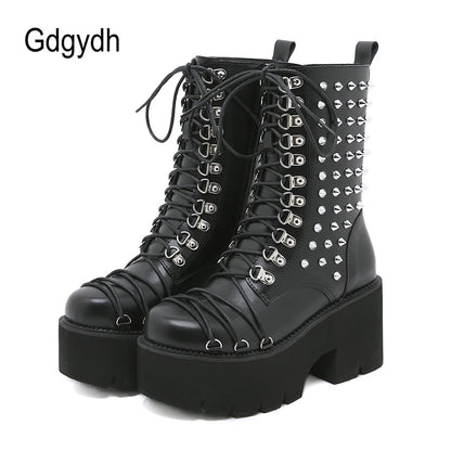 Gdgydh Handmade Women Motorcycle Punk Boots Mori Girl Lady Lolita Boots Woman High Top Boots Platform Fahion Rivets Goth Dark