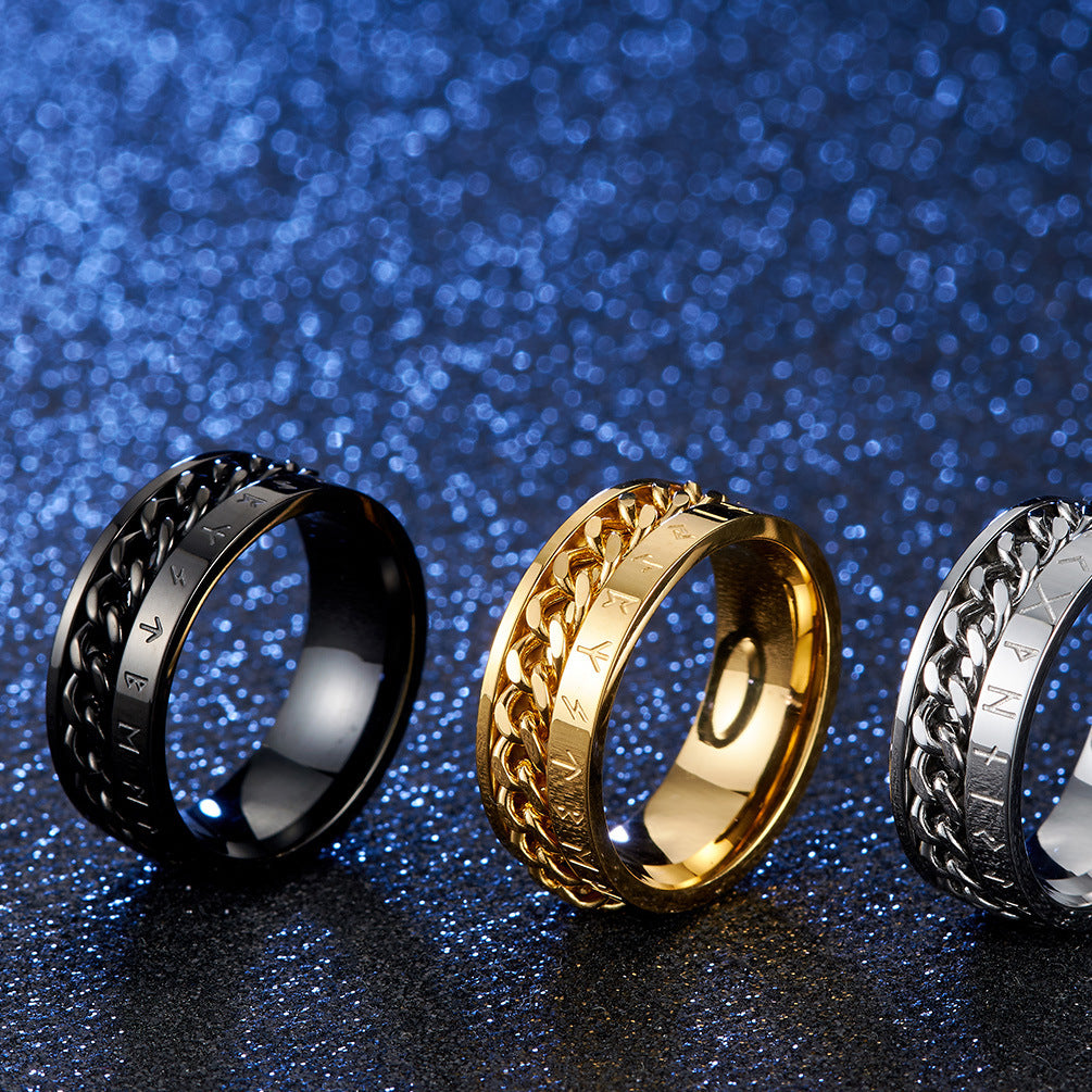 Sacred Rune text Chain-Link Ring -Gold Silver & Black Alloy