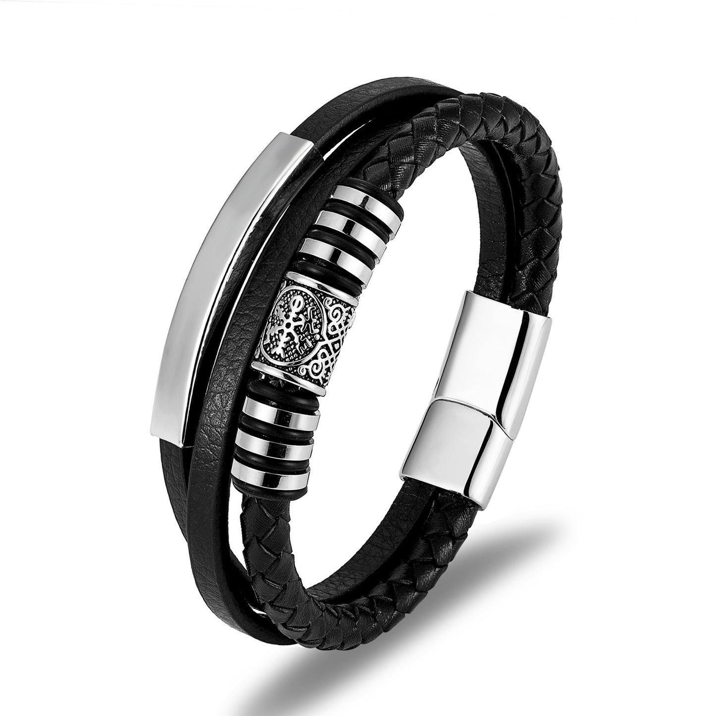 Nordic Viking Stainless Steel Braided Leather Rope Men's Bracelet