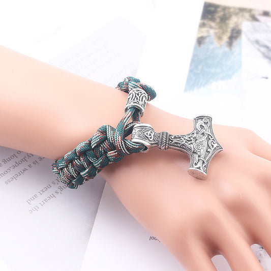 Vintage Metal Viking Thor's Hammer Camo Braided Bracelet