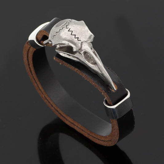 Raven Skull Stainless Steel With Leather Wrap Bracelet