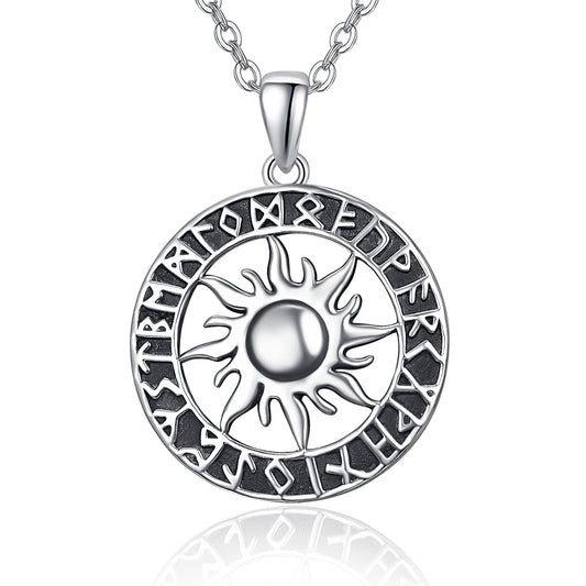 Necklace for Women S925 -Sterling Silver Sun Pendant -Norse Amulet With Rune Symbology