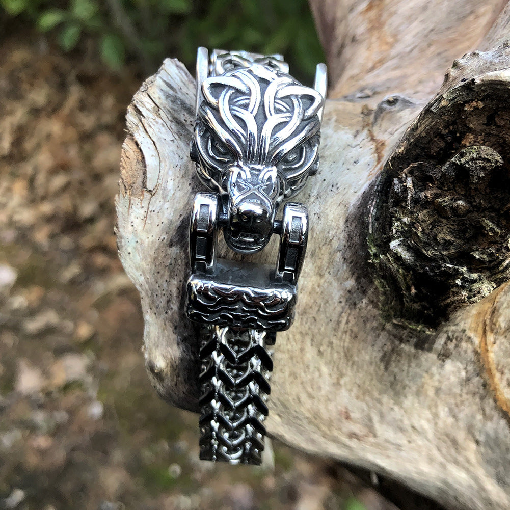 Unisex Fenrir Norse Wolf Head Titanium Steel Bracelet