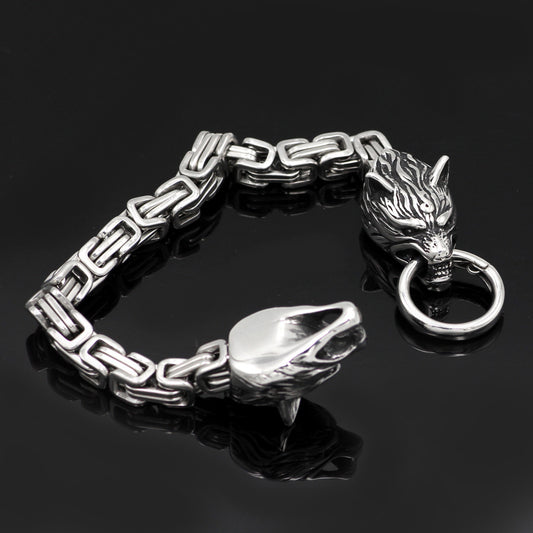 Men stainless steel King chain viking wolf head bracelet