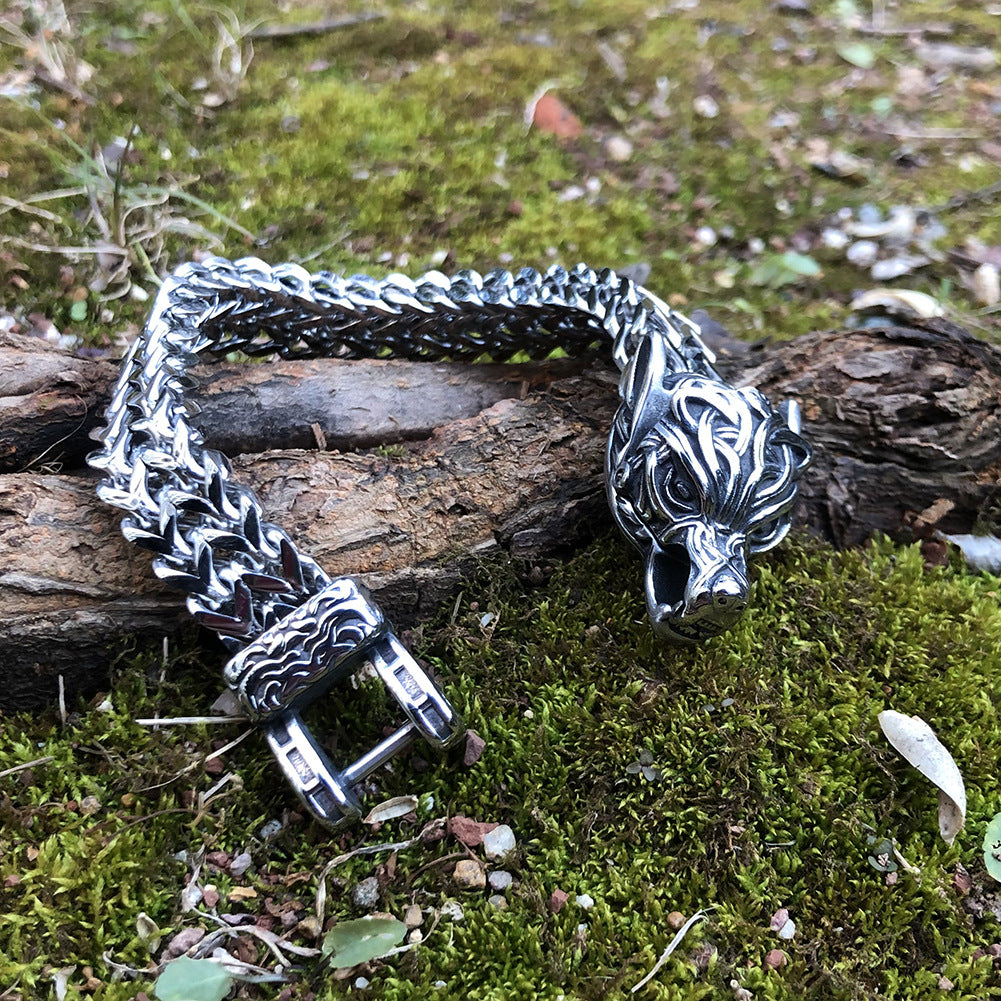 Unisex Fenrir Norse Wolf Head Titanium Steel Bracelet