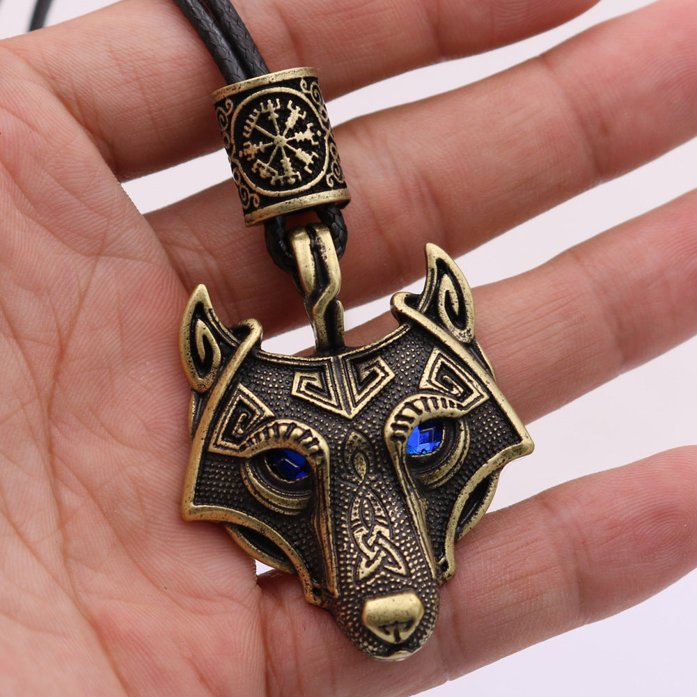 Wolf Head Blue Eye Necklace With Celtic Knot Rune