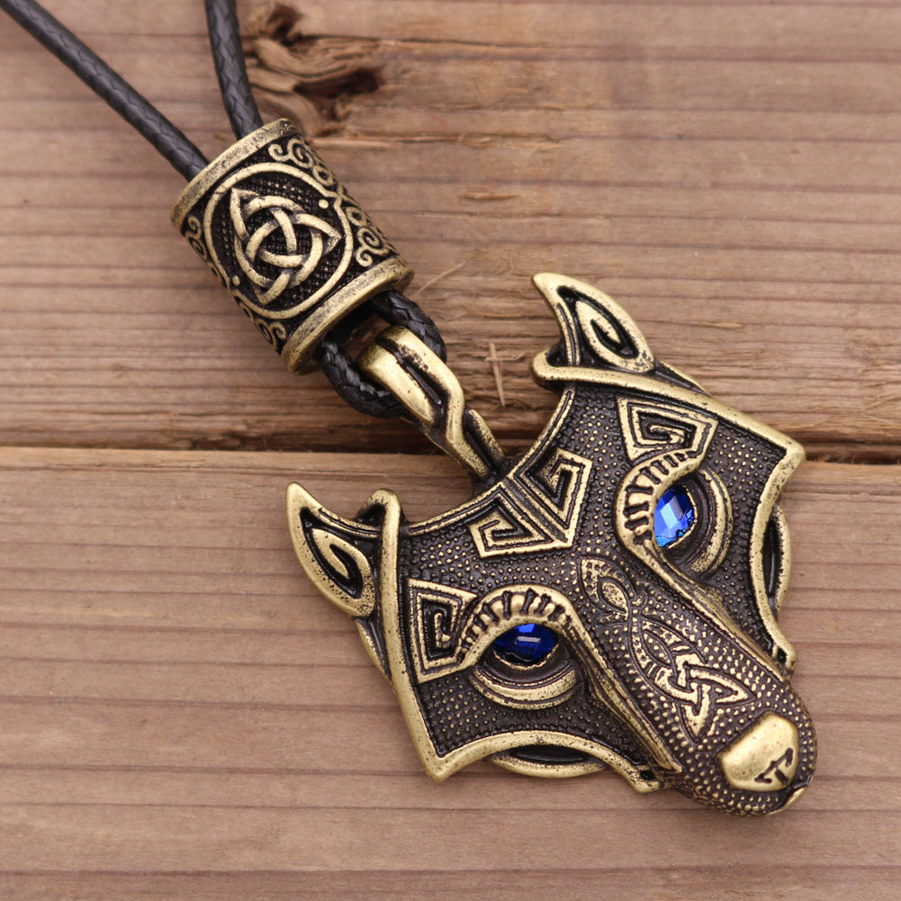 Wolf Head Blue Eye Necklace With Celtic Knot Rune