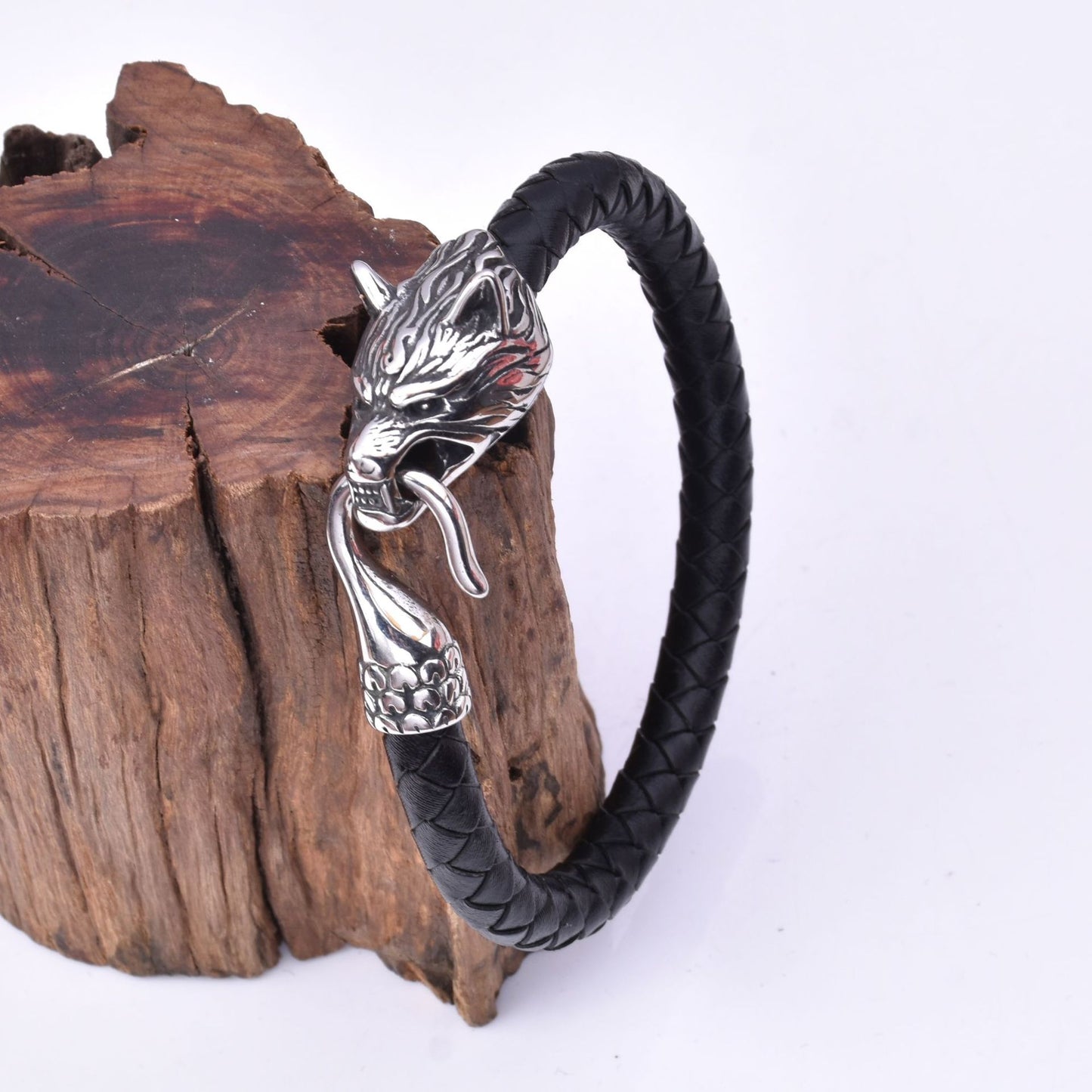 Viking Men's Stainless Steel Wolf Head Leather Bracelet