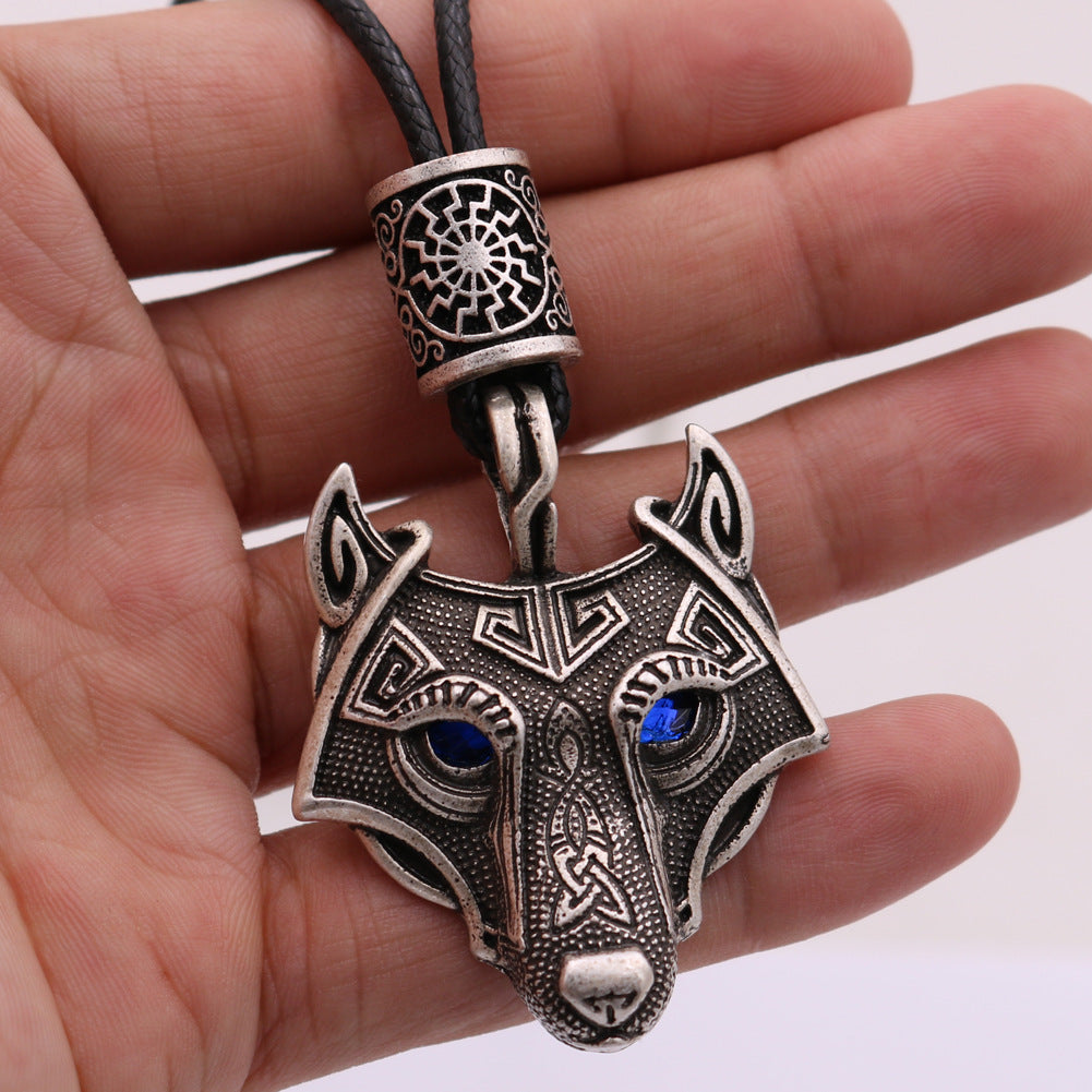 Wolf Head Blue Eye Necklace With Celtic Knot Rune