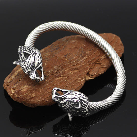 Viking Steel Color Double Wolf Head Bracelet Vintage Men's