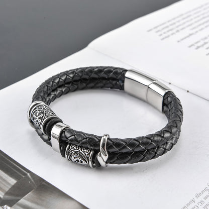 Nordic Viking Stainless Steel Braided Leather Rope Men's Bracelet