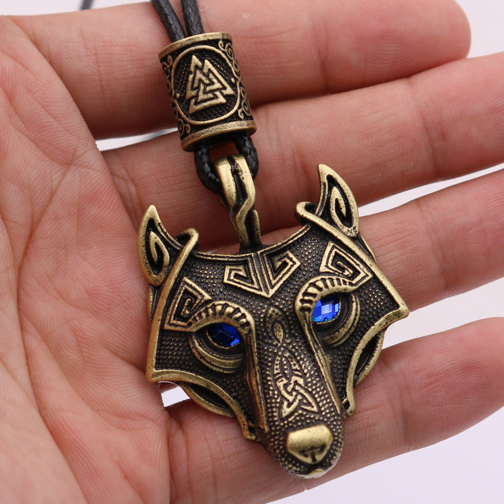 Wolf Head Blue Eye Necklace With Celtic Knot Rune