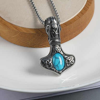 Thors Hammer Stainless Steel Turquoise Pendant Necklace