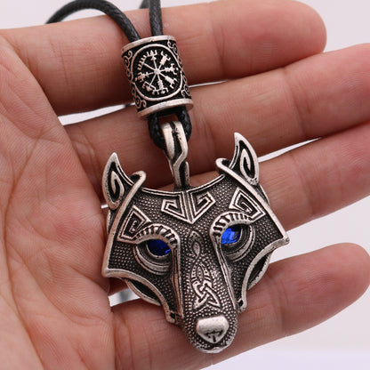 Wolf Head Blue Eye Necklace With Celtic Knot Rune