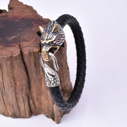 Viking Men's Stainless Steel Wolf Head Leather Bracelet