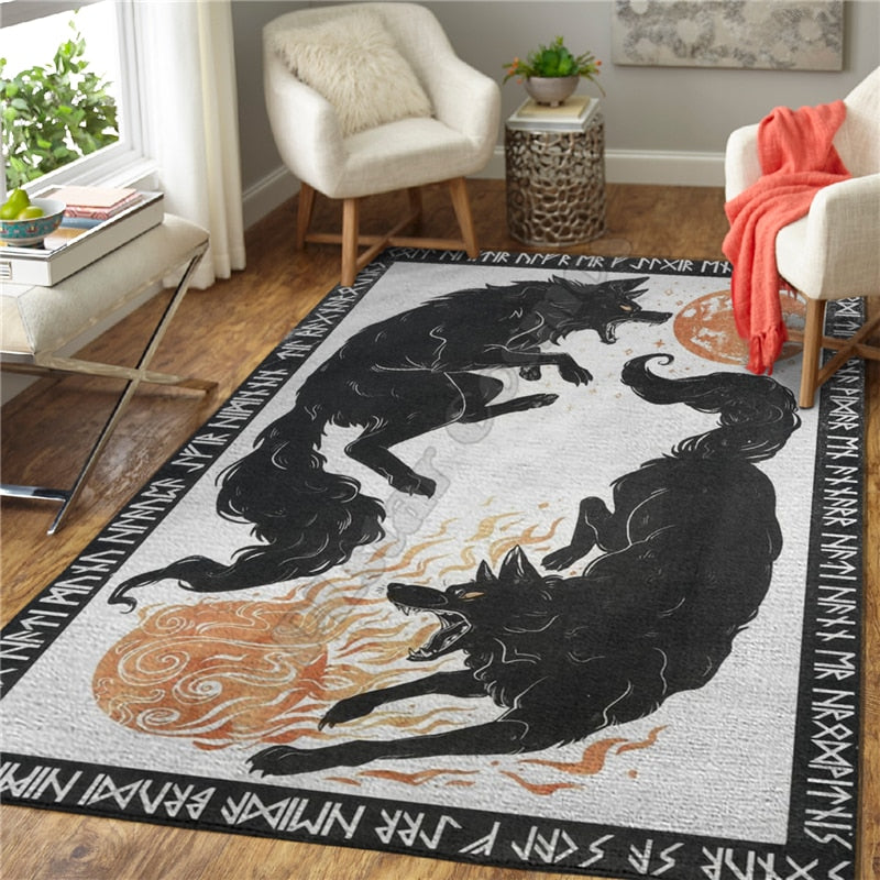 Black & White 3D Printed Carpet /Area Rug/ Fenrir/ Norse Compass - Home Decor