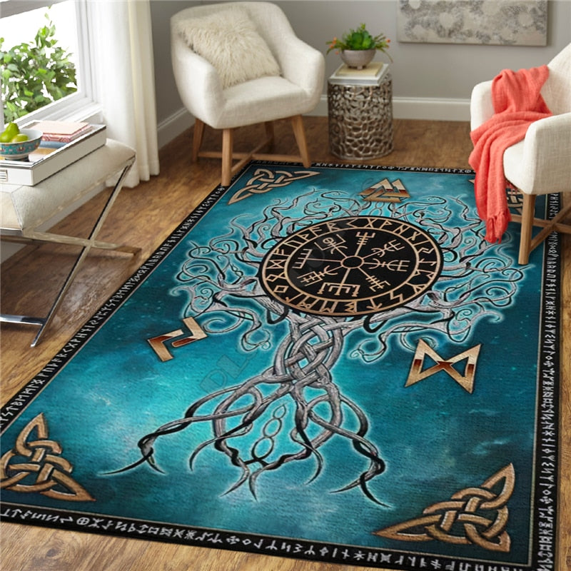 Turquoise Tree of Life 3D Printed Area Rug/ Spirit Of A Viking Heart Of A Wolf- Home Decor