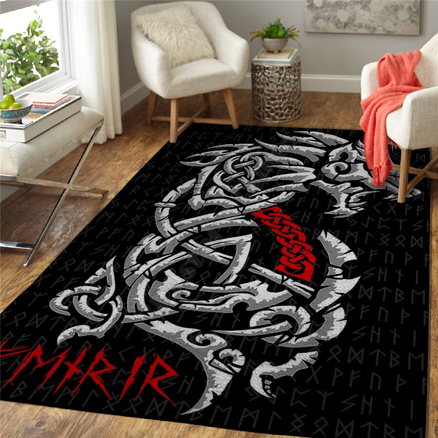 Celtic Norse 3D Non Slip Area Rug- Fenrir/Tree Of Life/Thors Hammer