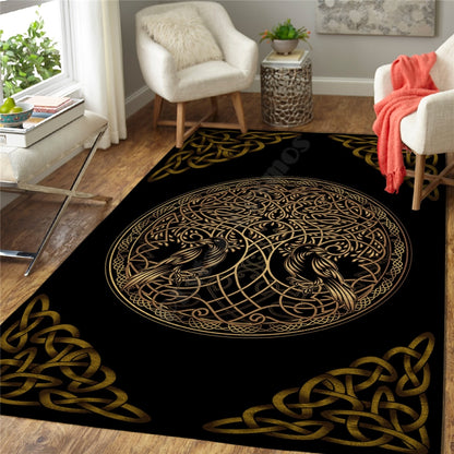 Celtic Norse 3D Non Slip Area Rug- Fenrir/Tree Of Life/Thors Hammer