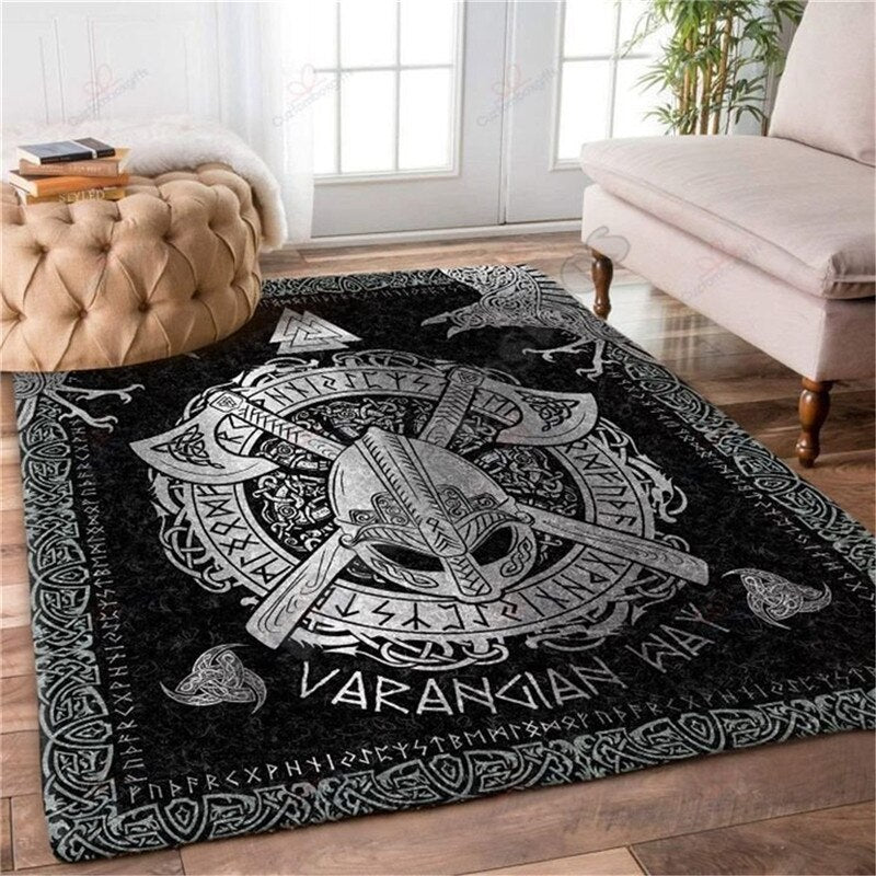 Black & White 3D Printed Carpet /Area Rug/ Fenrir/ Norse Compass - Home Decor