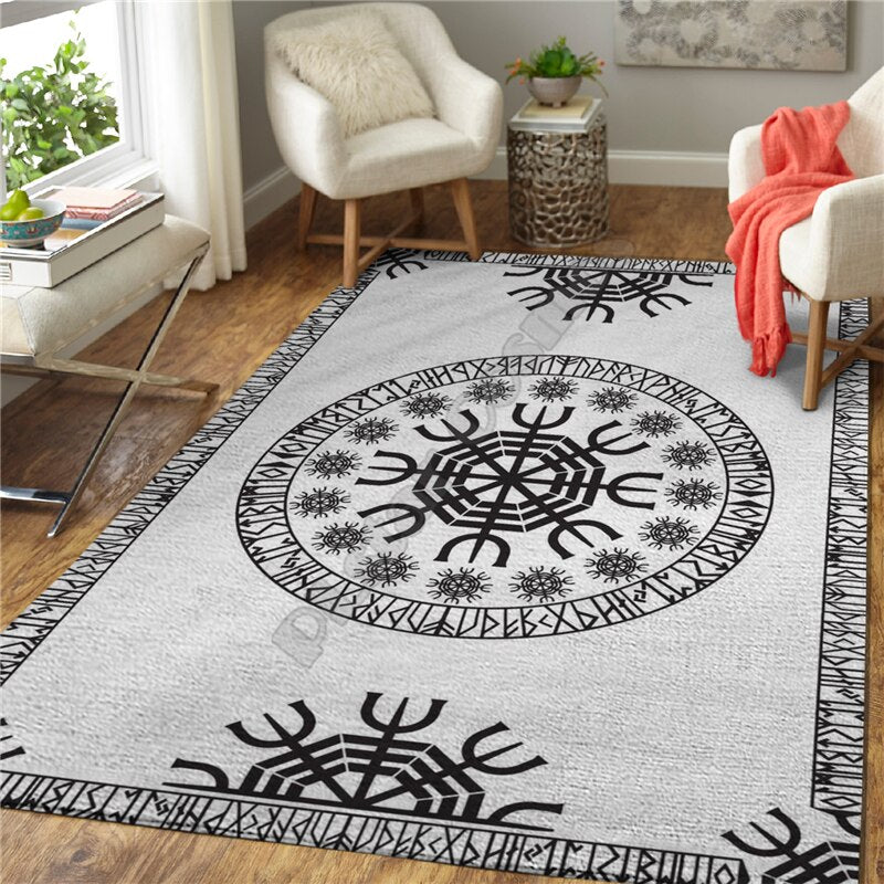 Black & White 3D Printed Carpet /Area Rug/ Fenrir/ Norse Compass - Home Decor