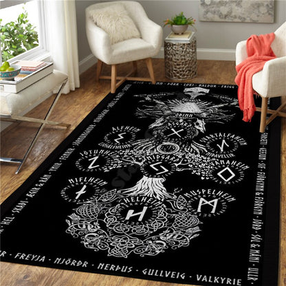 Black & White 3D Printed Carpet /Area Rug/ Fenrir/ Norse Compass - Home Decor