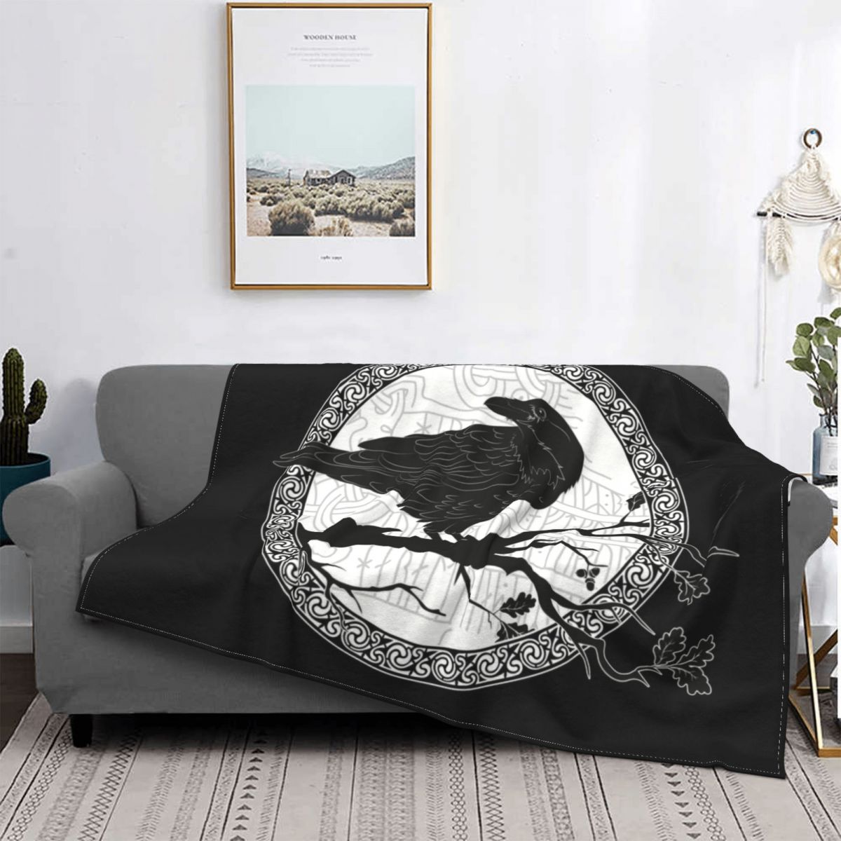 Sofa Fleece Throw / Blanket Thors Hammer- Mjolnir / Odin / Raven / Norse Compass