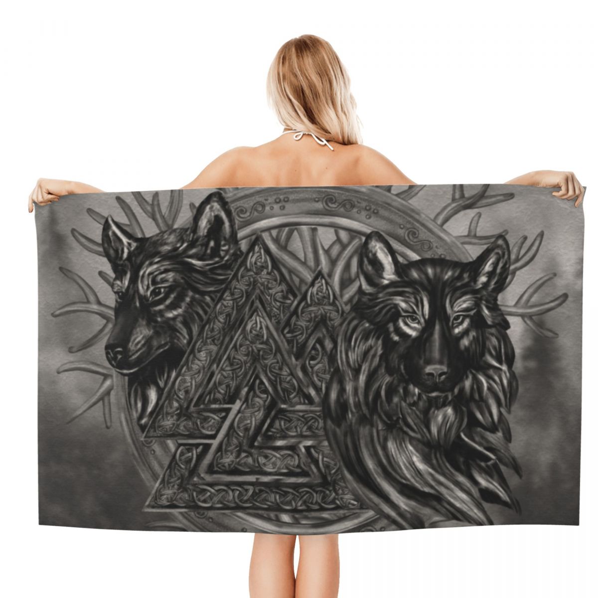 Valknut Symbol And Wolves Microfiber -Fenrir Towels