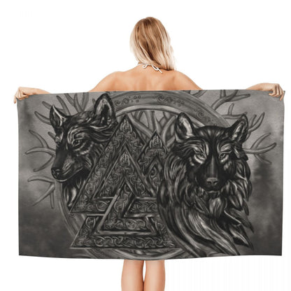 Valknut Symbol And Wolves Microfiber -Fenrir Towels