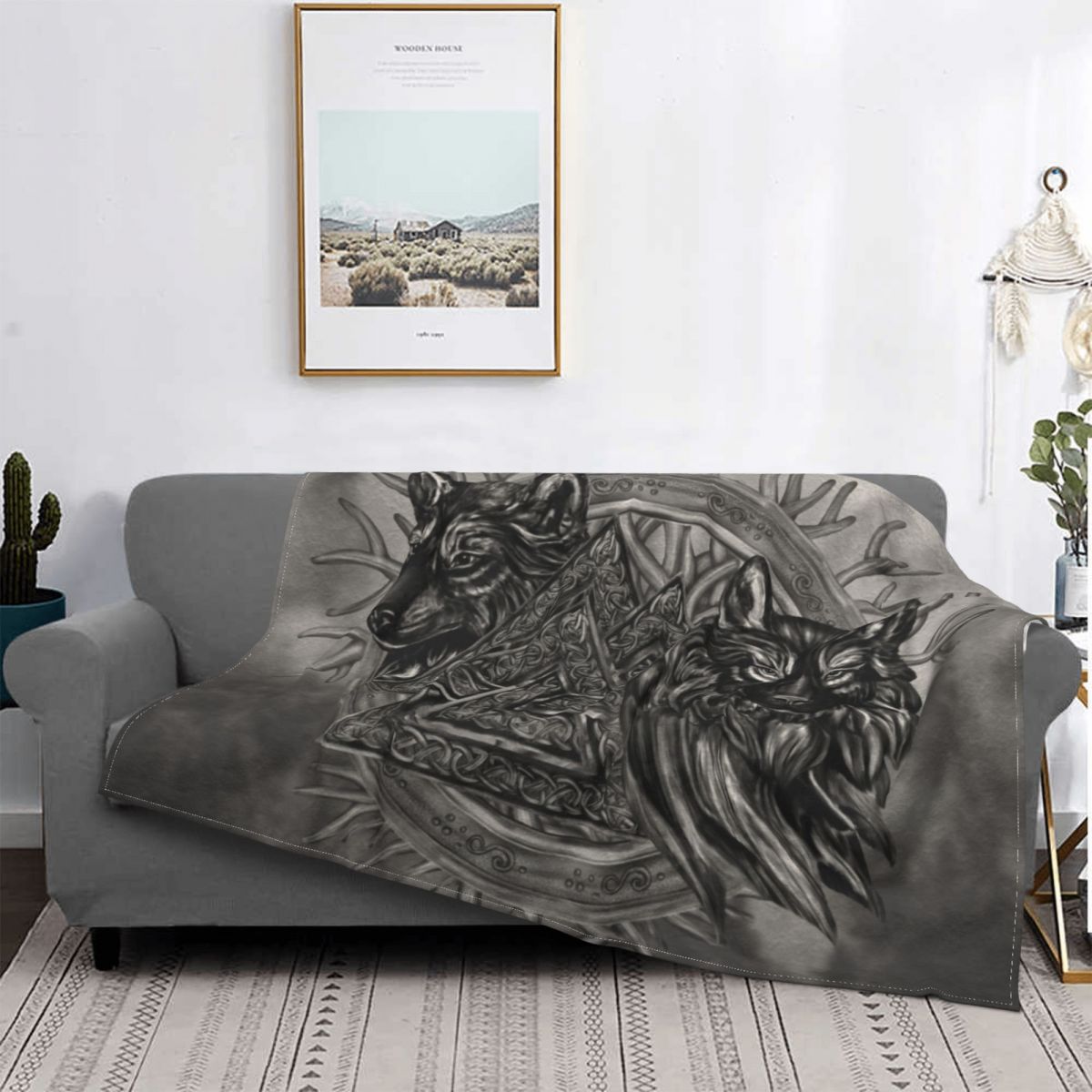 Sofa Fleece Throw / Blanket Thors Hammer- Mjolnir / Odin / Raven / Norse Compass