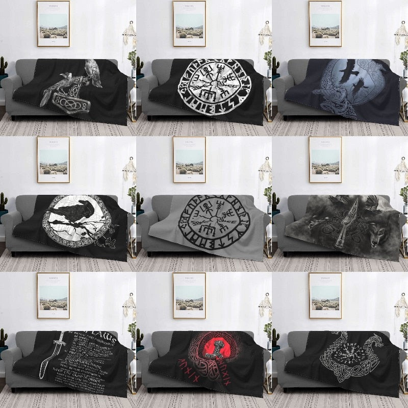 Sofa Fleece Throw / Blanket Thors Hammer- Mjolnir / Odin / Raven / Norse Compass