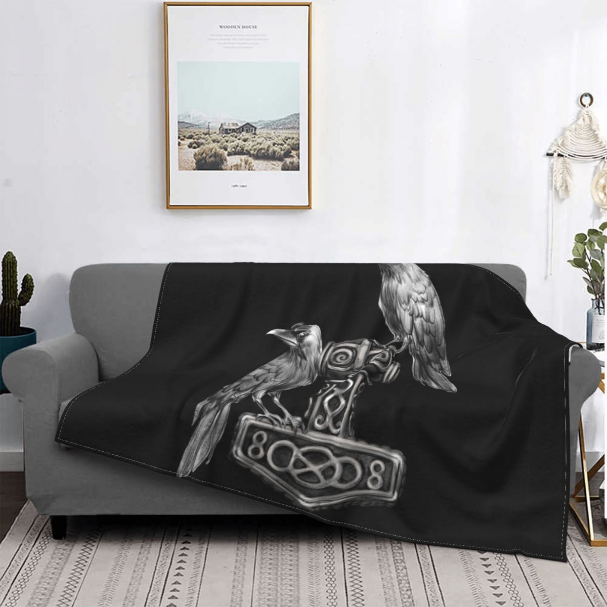 Sofa Fleece Throw / Blanket Thors Hammer- Mjolnir / Odin / Raven / Norse Compass