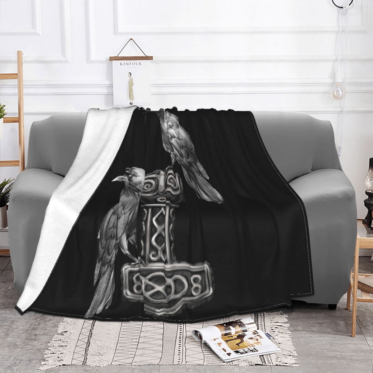 Sofa Fleece Throw / Blanket Thors Hammer- Mjolnir / Odin / Raven / Norse Compass