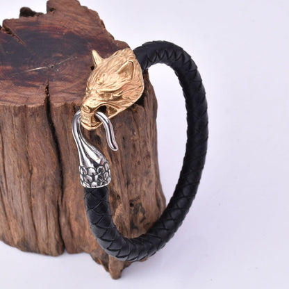 Viking Men's Stainless Steel Wolf Head Leather Bracelet