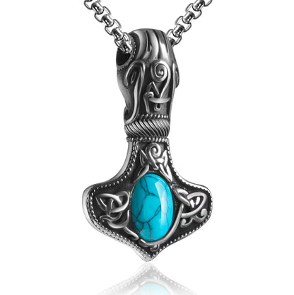 Thors Hammer Stainless Steel Turquoise Pendant Necklace