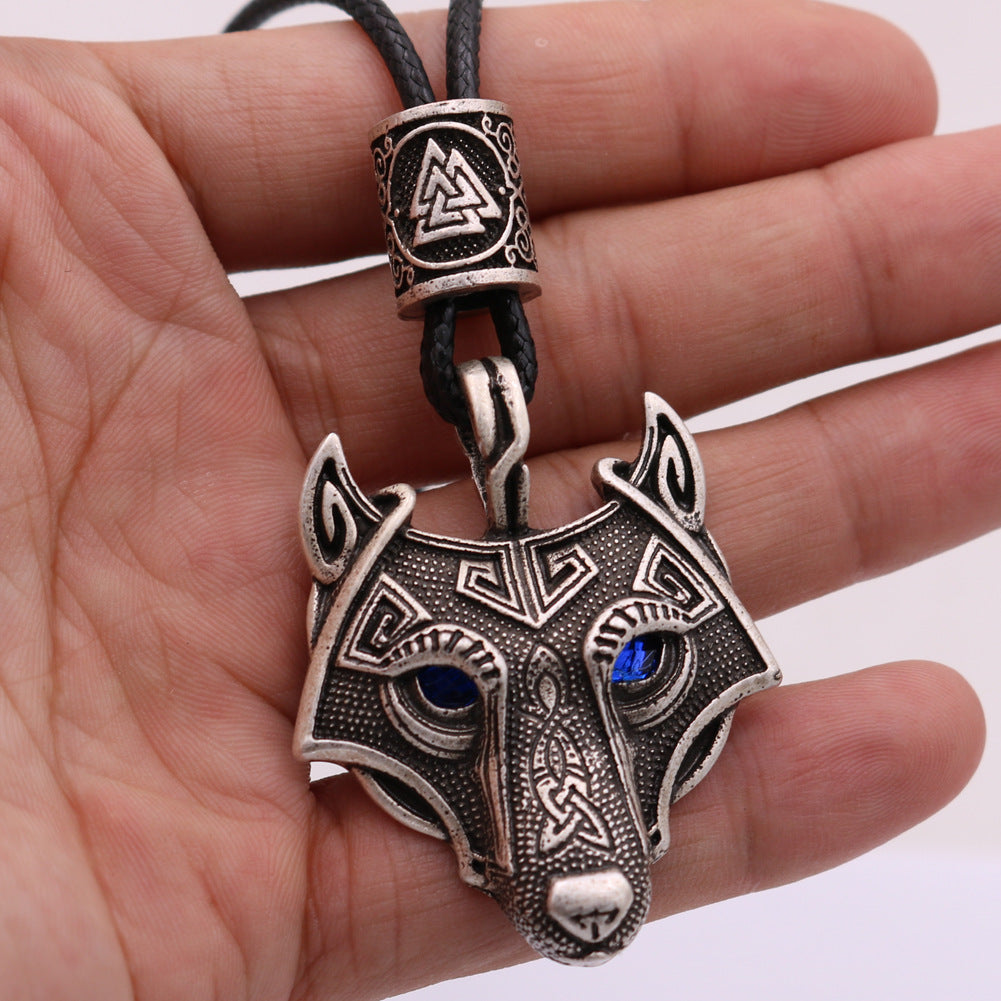 Wolf Head Blue Eye Necklace With Celtic Knot Rune