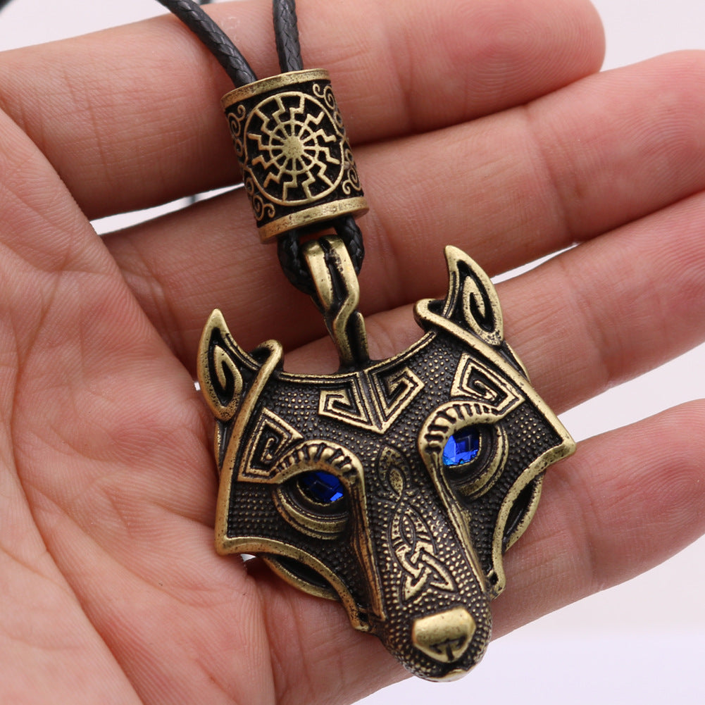 Wolf Head Blue Eye Necklace With Celtic Knot Rune