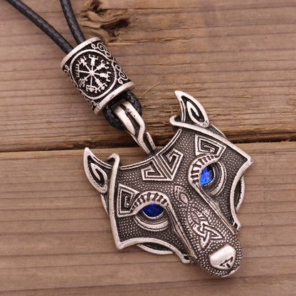 Wolf Head Blue Eye Necklace With Celtic Knot Rune