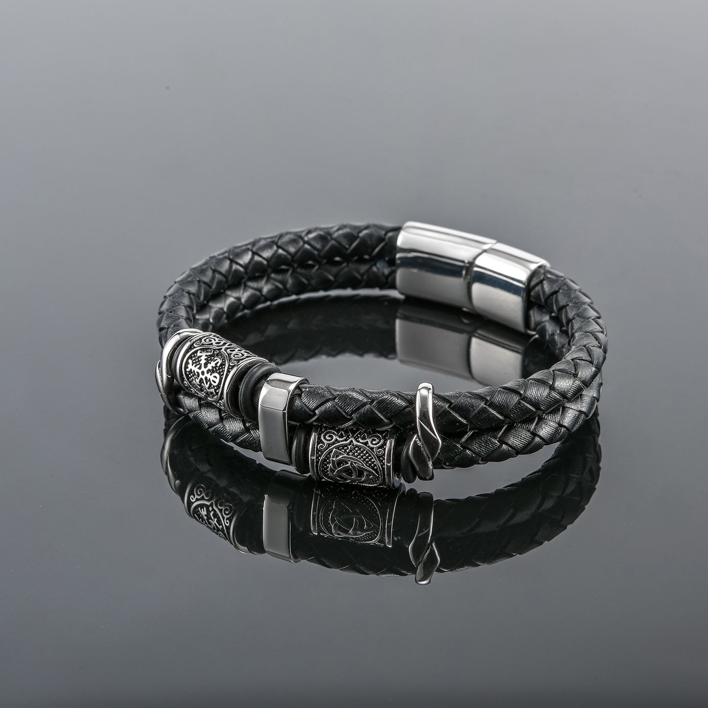 Nordic Viking Stainless Steel Braided Leather Rope Men's Bracelet