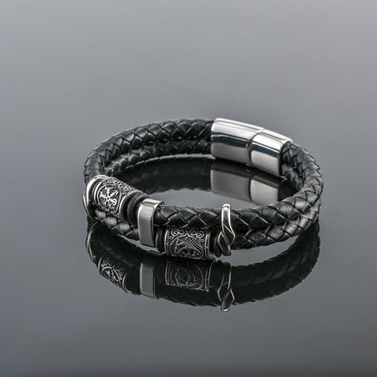 Nordic Viking Stainless Steel Braided Leather Rope Men's Bracelet