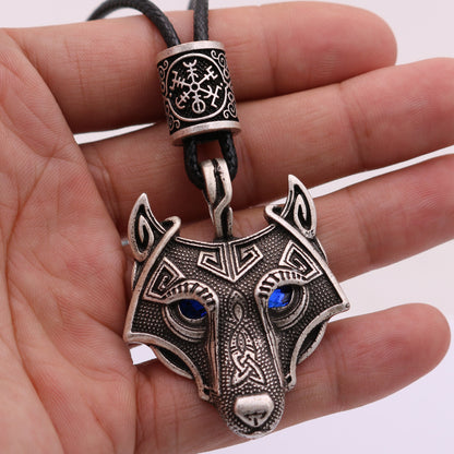 Wolf Head Blue Eye Necklace With Celtic Knot Rune