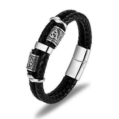 Nordic Viking Stainless Steel Braided Leather Rope Men's Bracelet