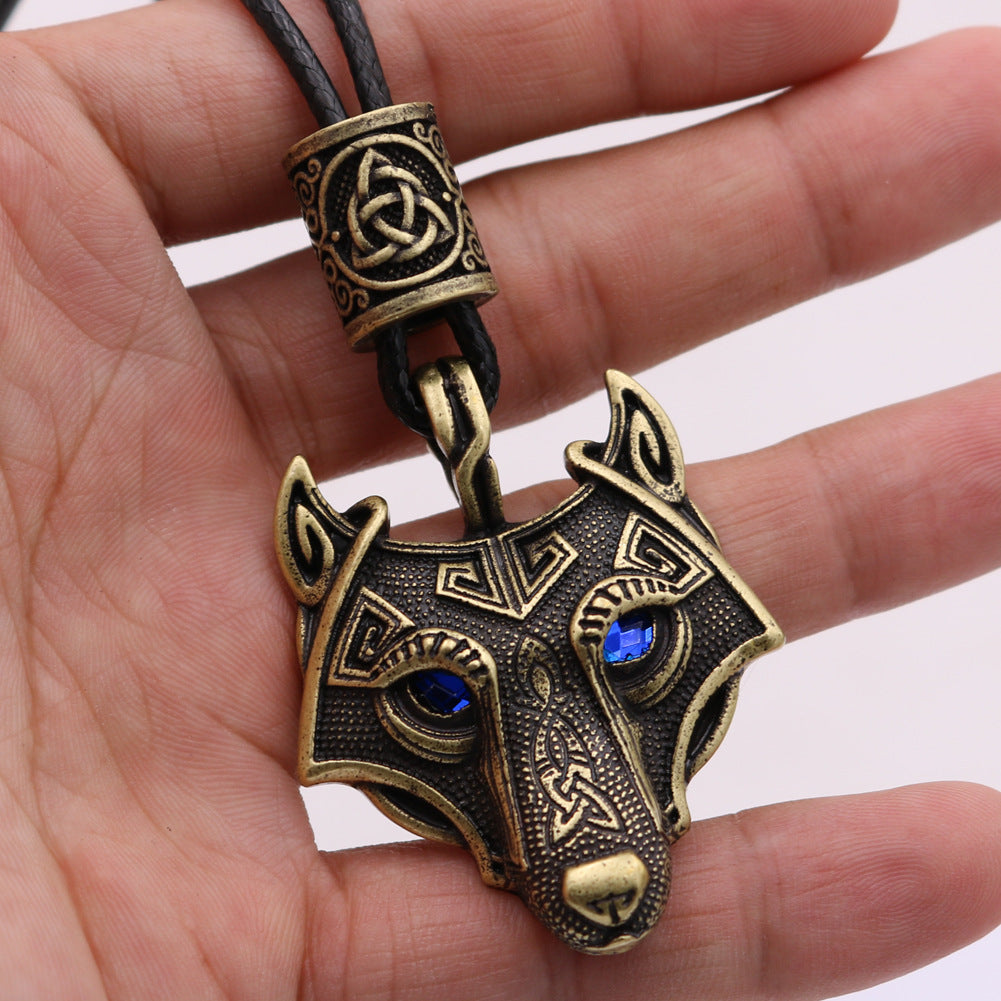 Wolf Head Blue Eye Necklace With Celtic Knot Rune