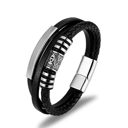 Nordic Viking Stainless Steel Braided Leather Rope Men's Bracelet